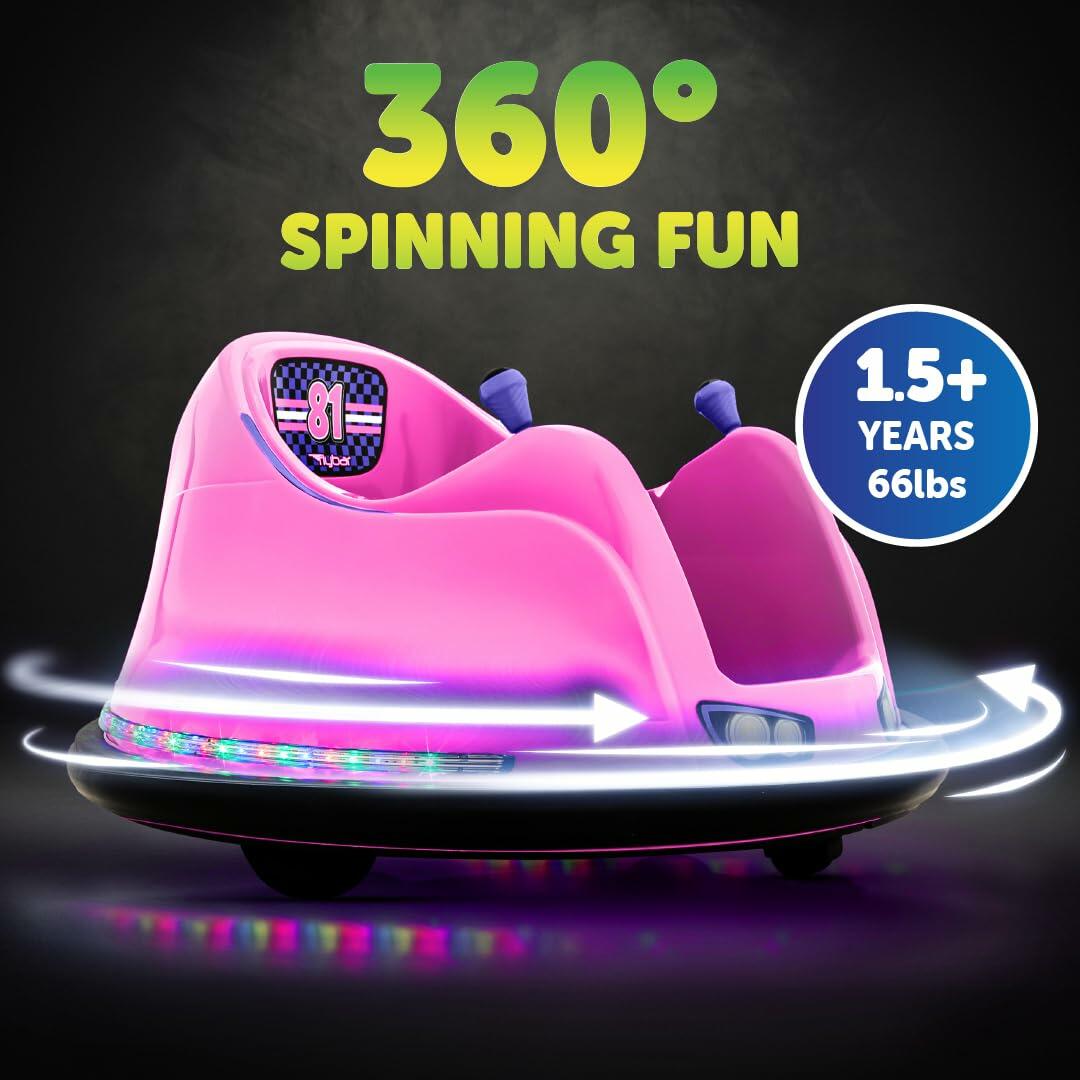 Flybar 6V Pink Glow Kids Bumper Car–LED Ride-On Toy, 360° Spin, Ages 1.5+,66 lbs