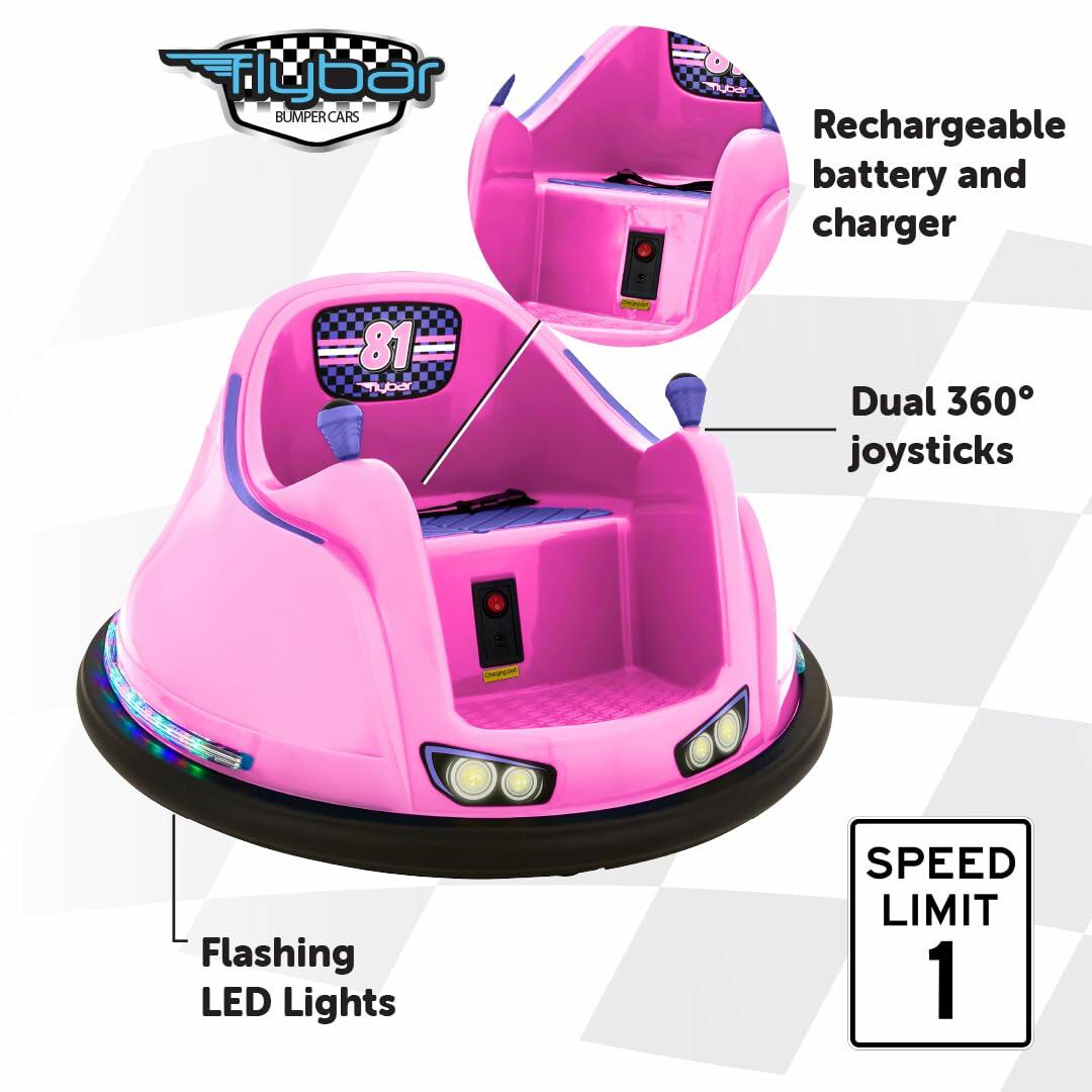 Flybar 6V Pink Glow Kids Bumper Car–LED Ride-On Toy, 360° Spin, Ages 1.5+,66 lbs