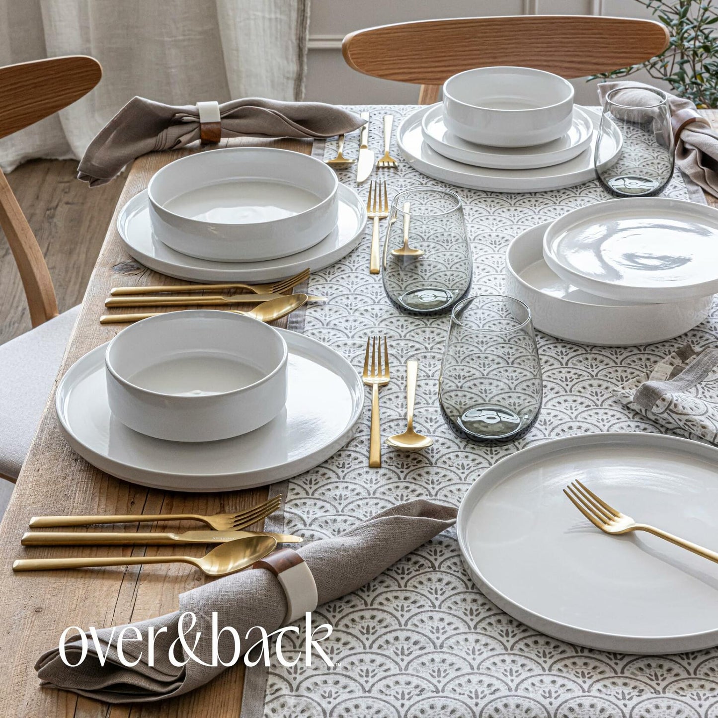 over&back 16-Piece Stackable Stoneware Dinnerware Set – Plates & Bowls, Gray