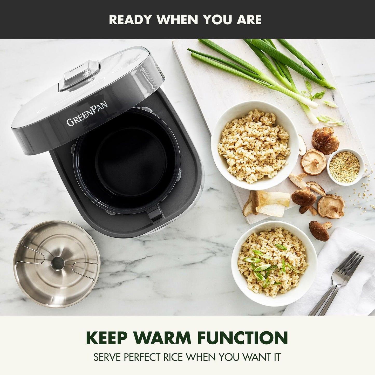 GreenPan Carb Reducing Rice Cooker – 4 Cup, PFAS-Free, 10 Presets, Graphite