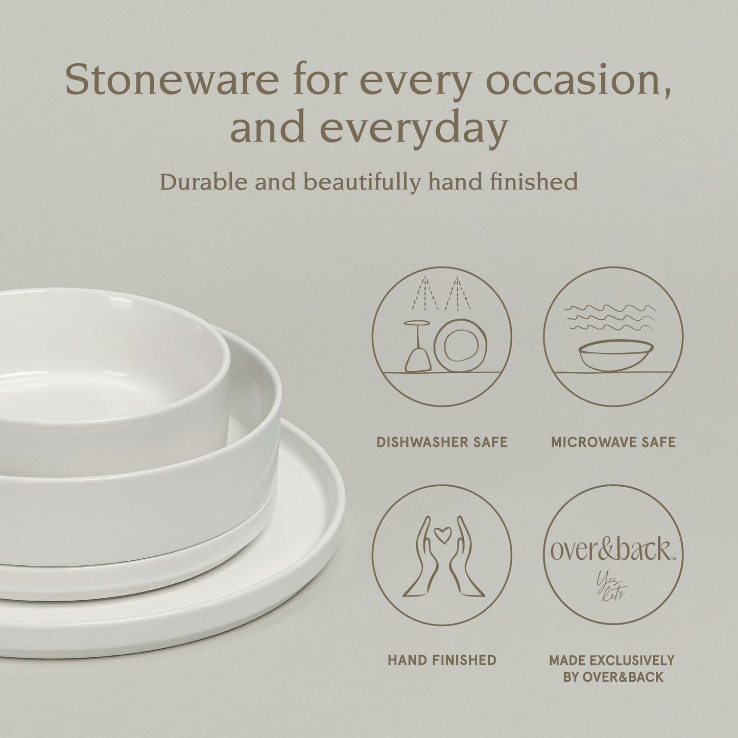 over&back 16-Piece Stackable Stoneware Dinnerware Set – Plates & Bowls, Gray