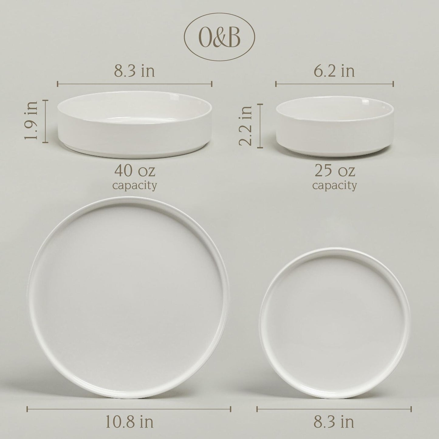 over&back 16-Piece Stackable Stoneware Dinnerware Set – Plates & Bowls, Gray