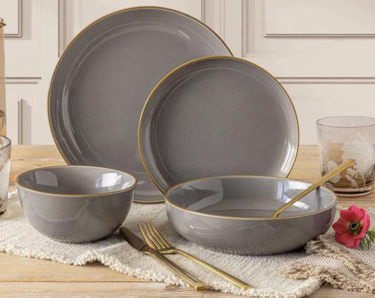 over&back 16-Piece Stackable Stoneware Dinnerware Set – Plates & Bowls, Gray