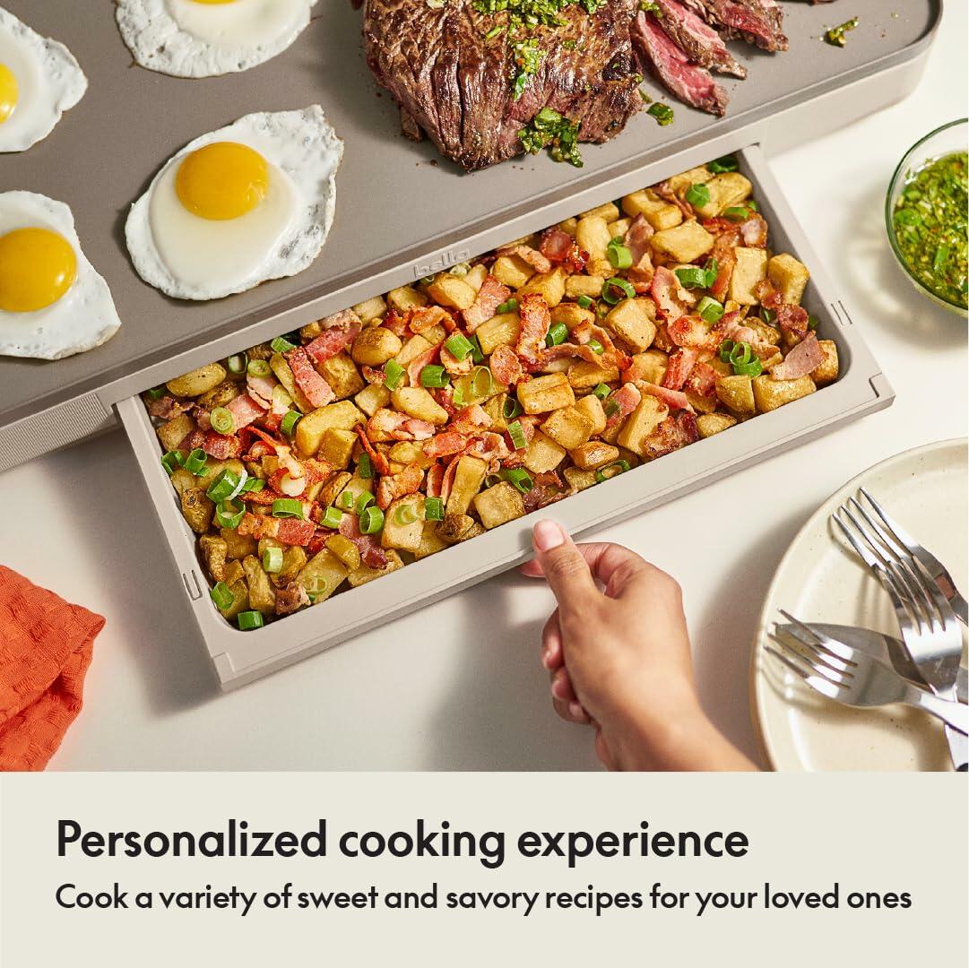 BELLA 12"x22" Electric Griddle w/ Warming Tray, Ceramic Nonstick, 1500W, Oatmilk