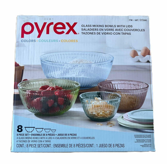 Pyrex Glass Mixing Bowl Set w/Lids, Nesting Storage, Microwave & Dishwasher Safe